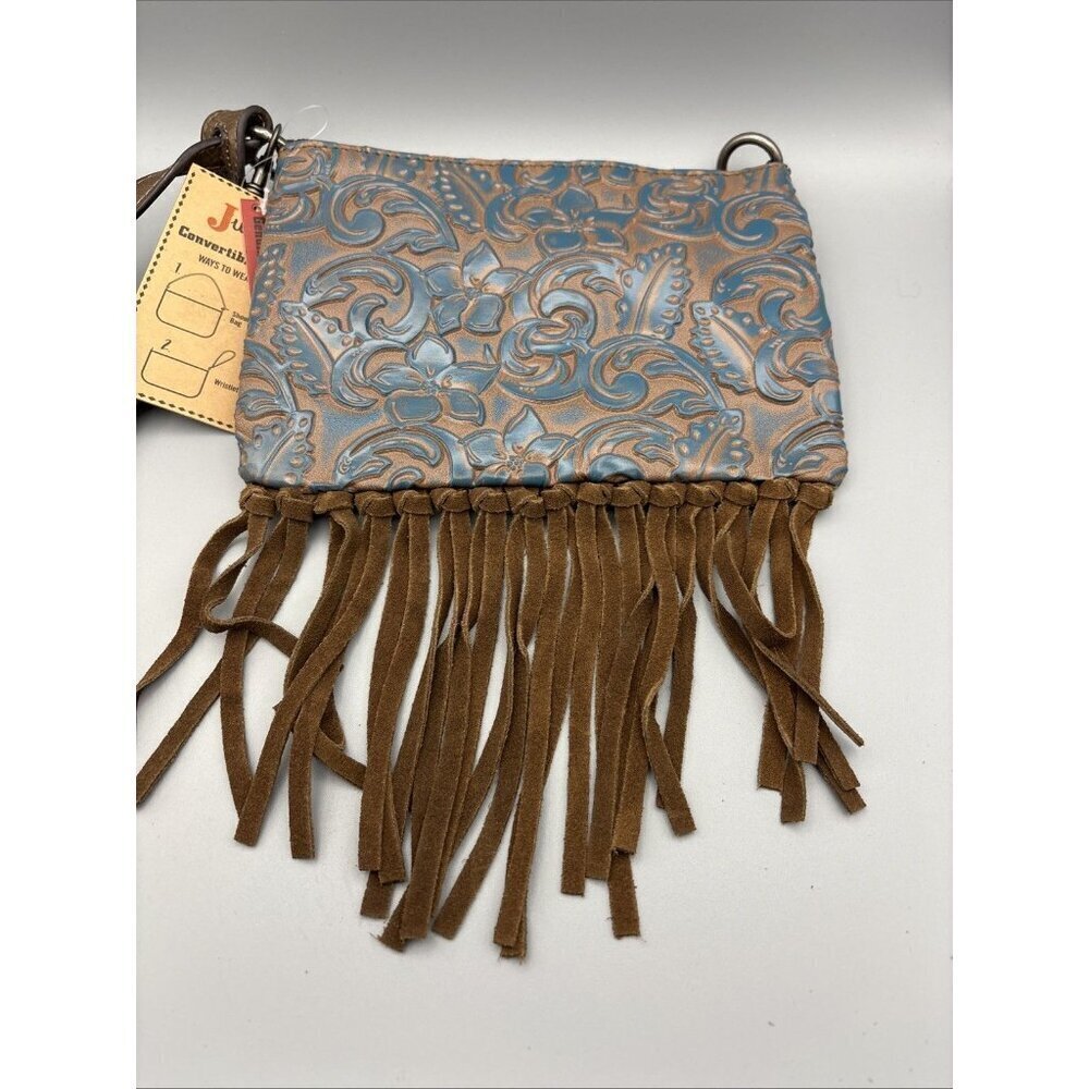 Justin Convertible Bag Wristlet & Earrings Brown Blue Embossed Fringe Western